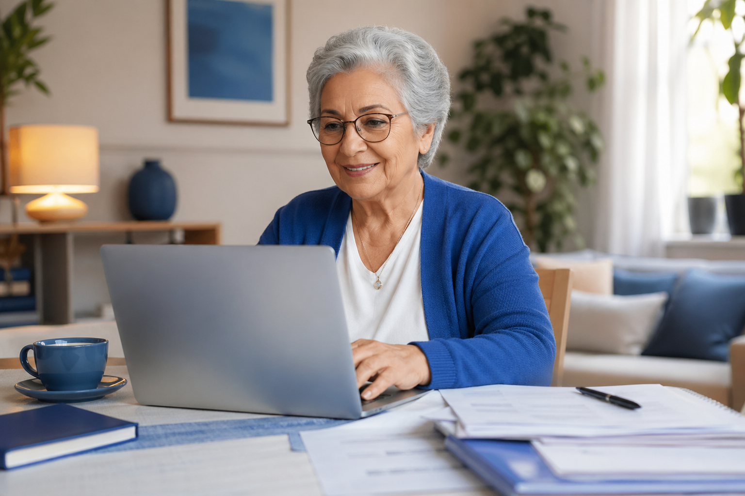 Senhora idosa usando notebook em casa para atendimento online
